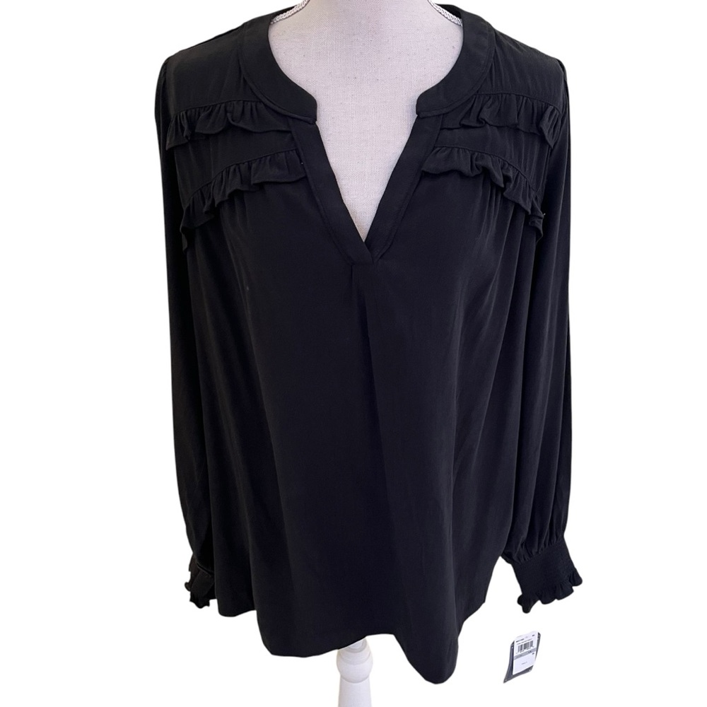 Democracy Black Long Sleeve V-Neck Double Ruffle Yoke Woven Blouse 1X - Picture 3 of 11